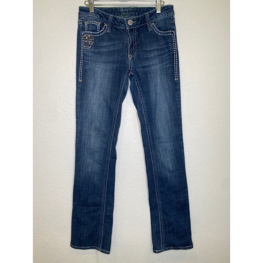 Rock 47 by Wrangler Women’s Bootcut Embelished Low Rise Dark Denim Jeans Sz 28L